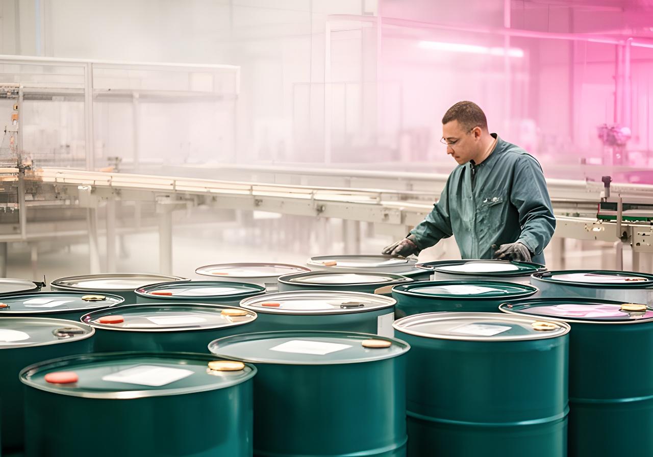Operaria controlando productos de limpieza industrial en una planta luminosa con tambores y bidones alineados