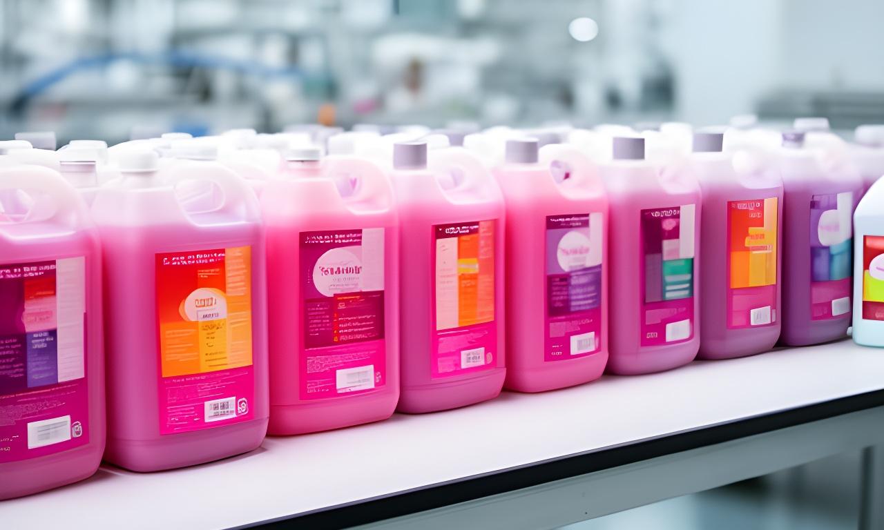 Mesa de envases de jabón y detergente con etiquetas coloridas en una sala de producción limpia