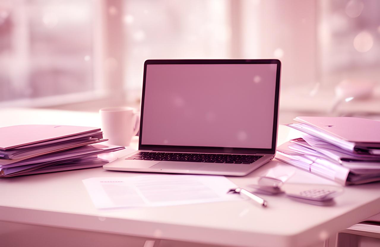 Documento de privacidad sobre una mesa de trabajo luminosa con una pantalla y carpetas ordenadas