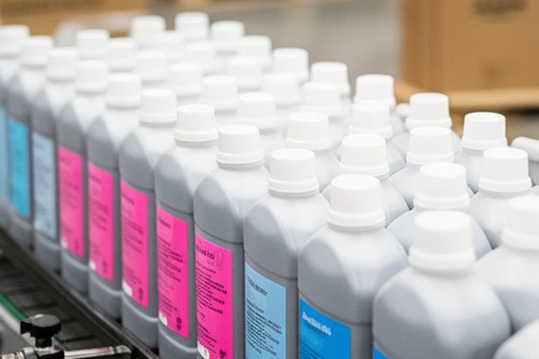 Fila de botellas de limpieza listas para embalaje con tapas cerradas y etiquetas visibles