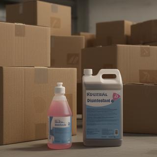 Desinfectante industrial junto a cajas preparadas para despacho