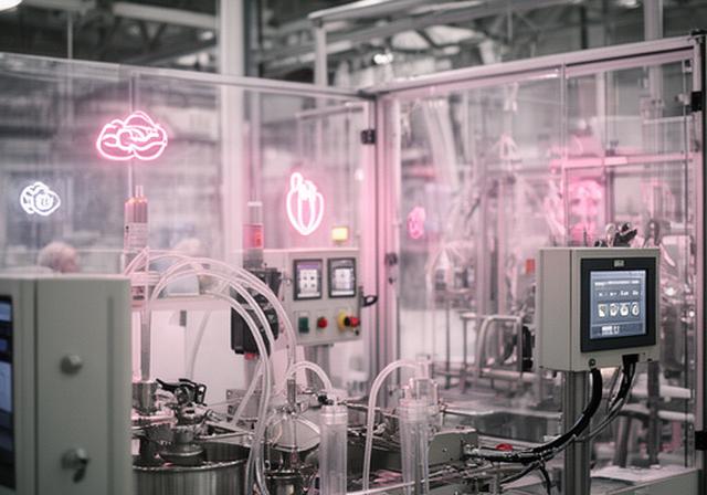 Panel de control industrial con operadores revisando un sistema automatizado de mezclado para producción de jabón