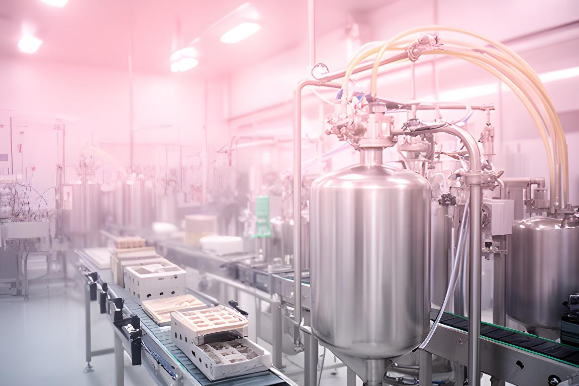 Línea de producción de jabones en una planta limpia y luminosa con reactores, moldes de acero y cintas de envasado