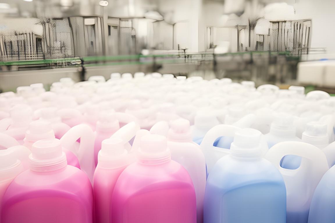 Envases de jabón y detergente alineados en una planta luminosa, con etiquetas listas para distribución